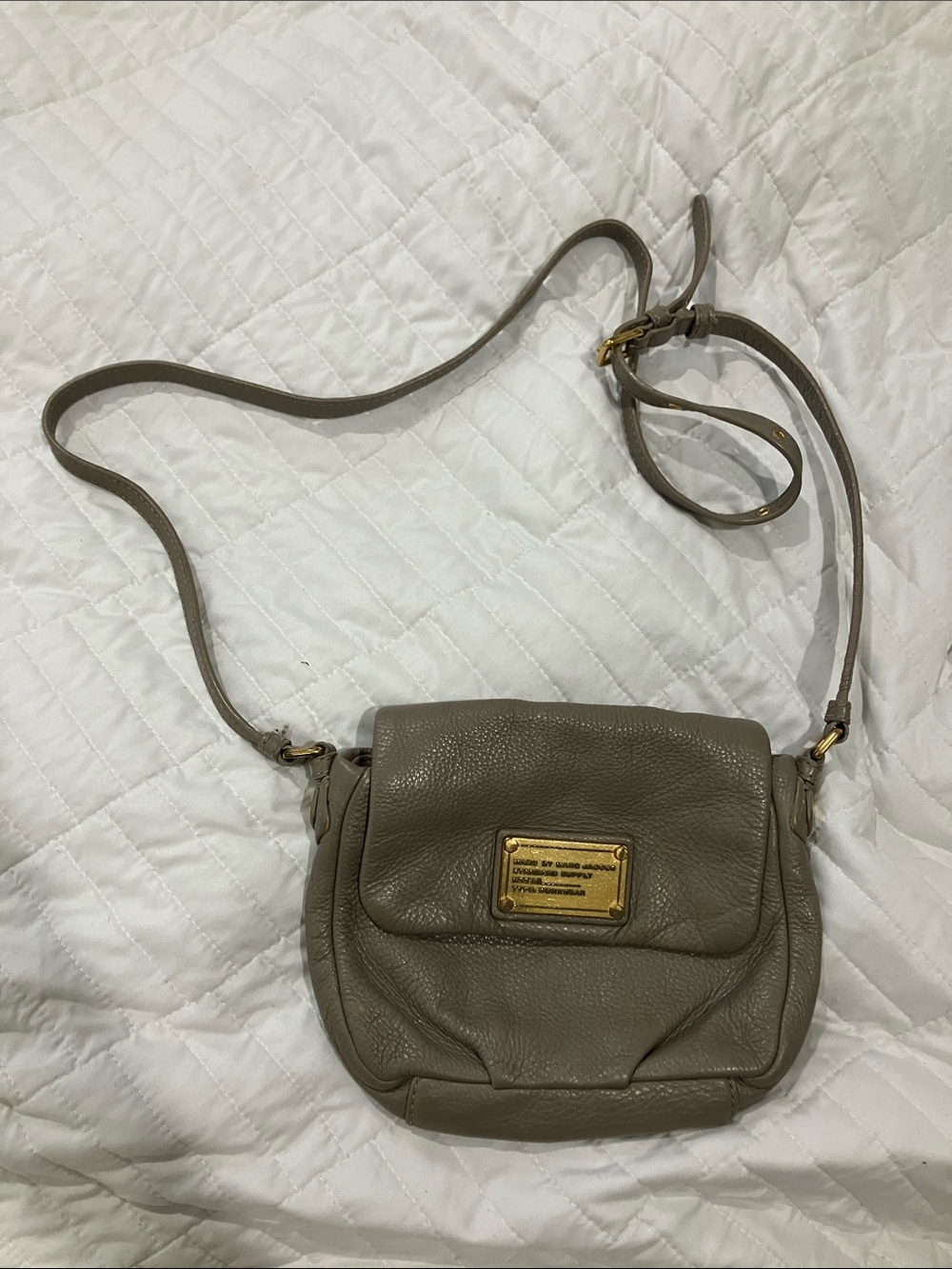 Marc Jacobs Taupe Leather Crossbody Bag with Gold Plaque